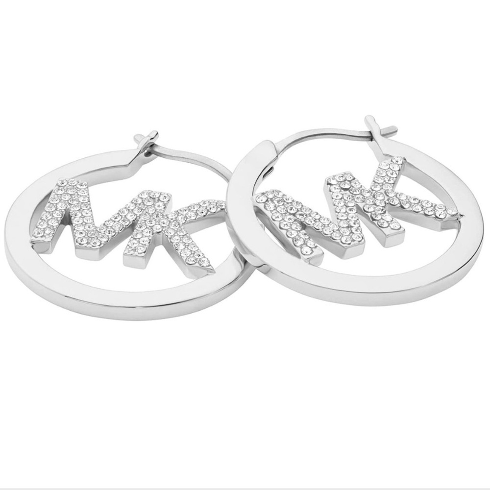 MICHAEL KORS • Silver MK Logo Crystal Pave Hoop Drop Earrings - Picture 4 of 4